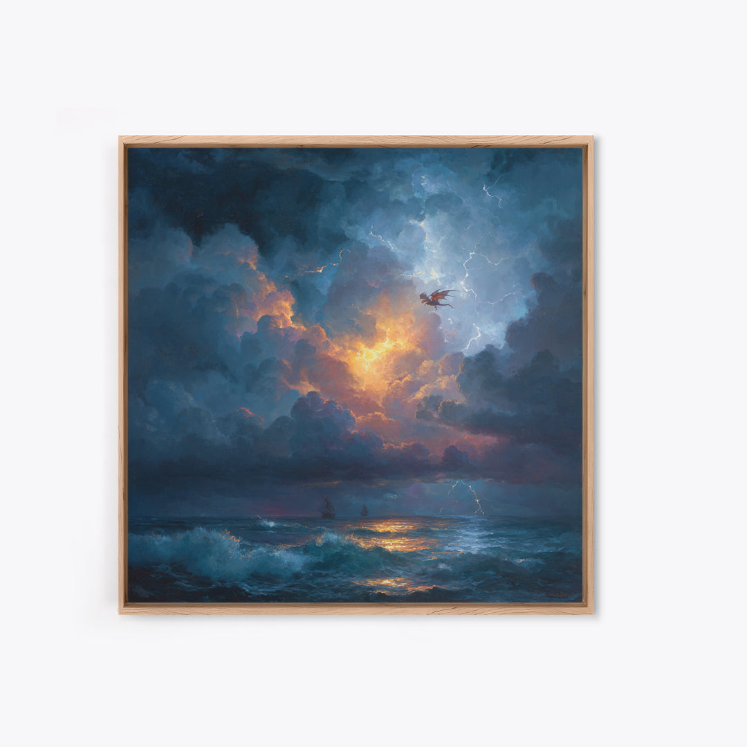 Stormy Ocean Dragon Seascape Canvas Print, Moody Coastal Wall Art, Dark Fantasy Landscape, Nautical Decor Gift For Him, Storm Art