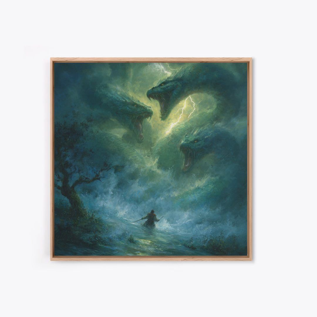 Three Headed Sea Serpent Storm Wall Art, Dark Fantasy Canvas Print, Mythical Creature Decor, Dragon Art Gift For Him, Epic Battle