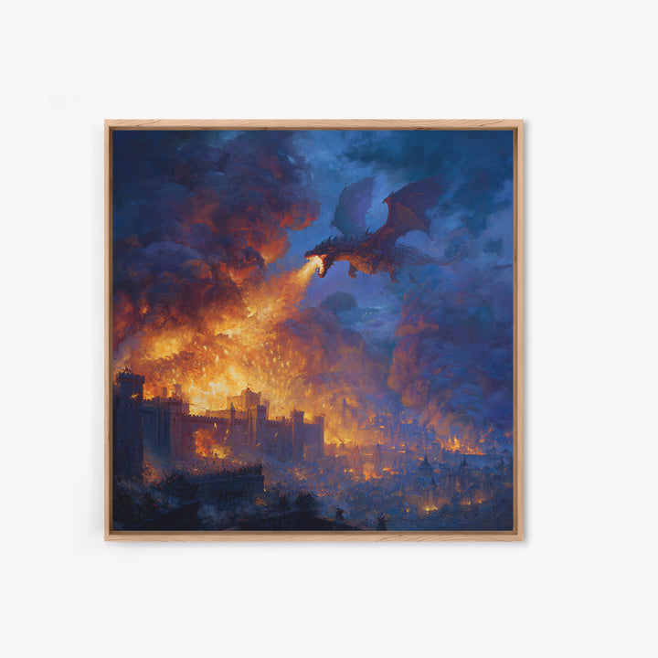 Fire Breathing Dragon Over Burning City Wall Art, Dark Fantasy Canvas Print, Medieval Castle Decor, Epic Gamer Gift For Him