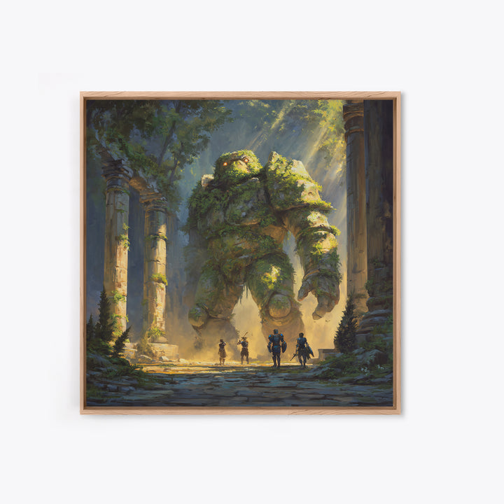 Moss Covered Forest Golem Ruins Wall Art, Fantasy Canvas Print, Whimsical Adventure Decor, Magical Woodland Artwork For Game Room