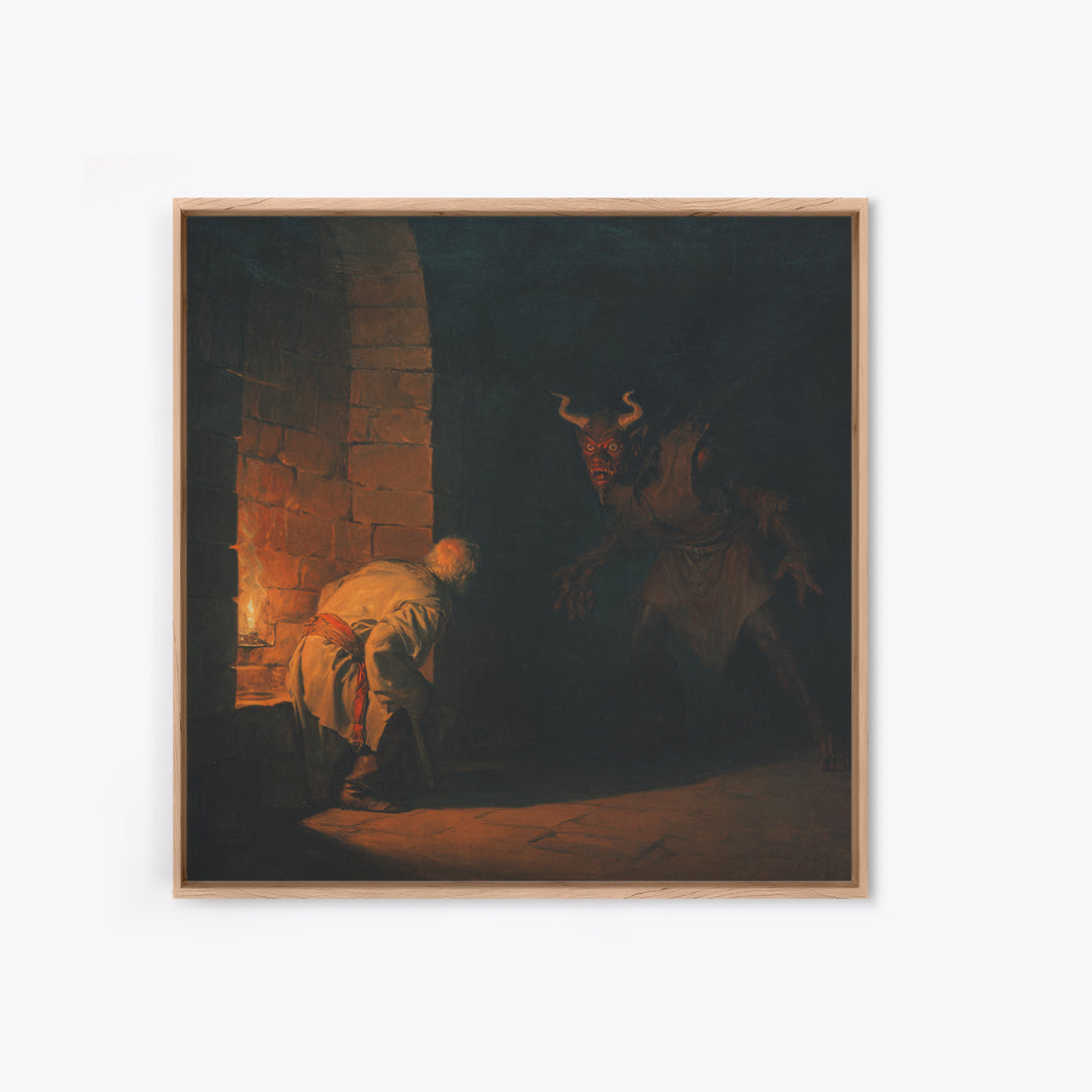 Candlelit Dungeon Demon Encounter Wall Art, Dark Fantasy Canvas Print, Gothic Horror Decor, Medieval Monster Artwork For Study