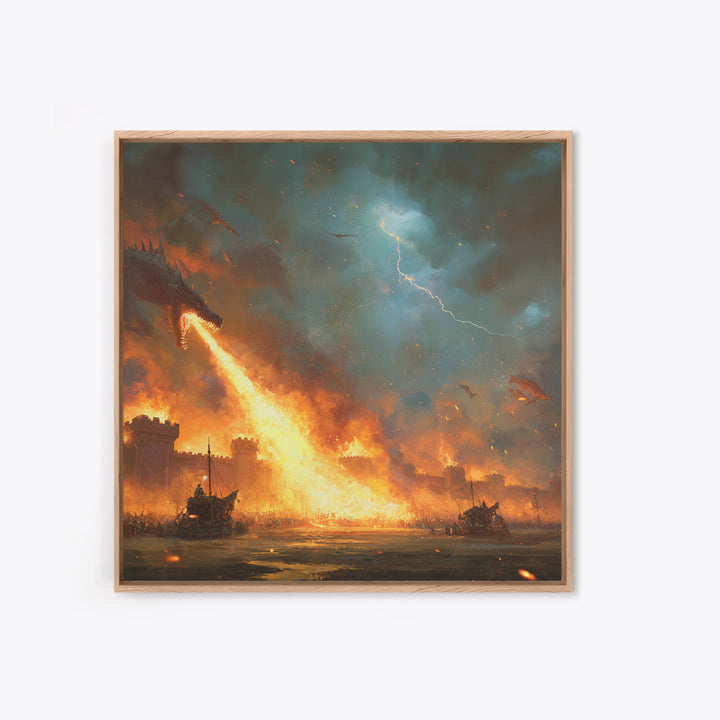 Fire Breathing Dragon Siege Wall Art, Epic Fantasy Canvas Print, Medieval Castle Battle Decor, Dramatic Game Room Artwork