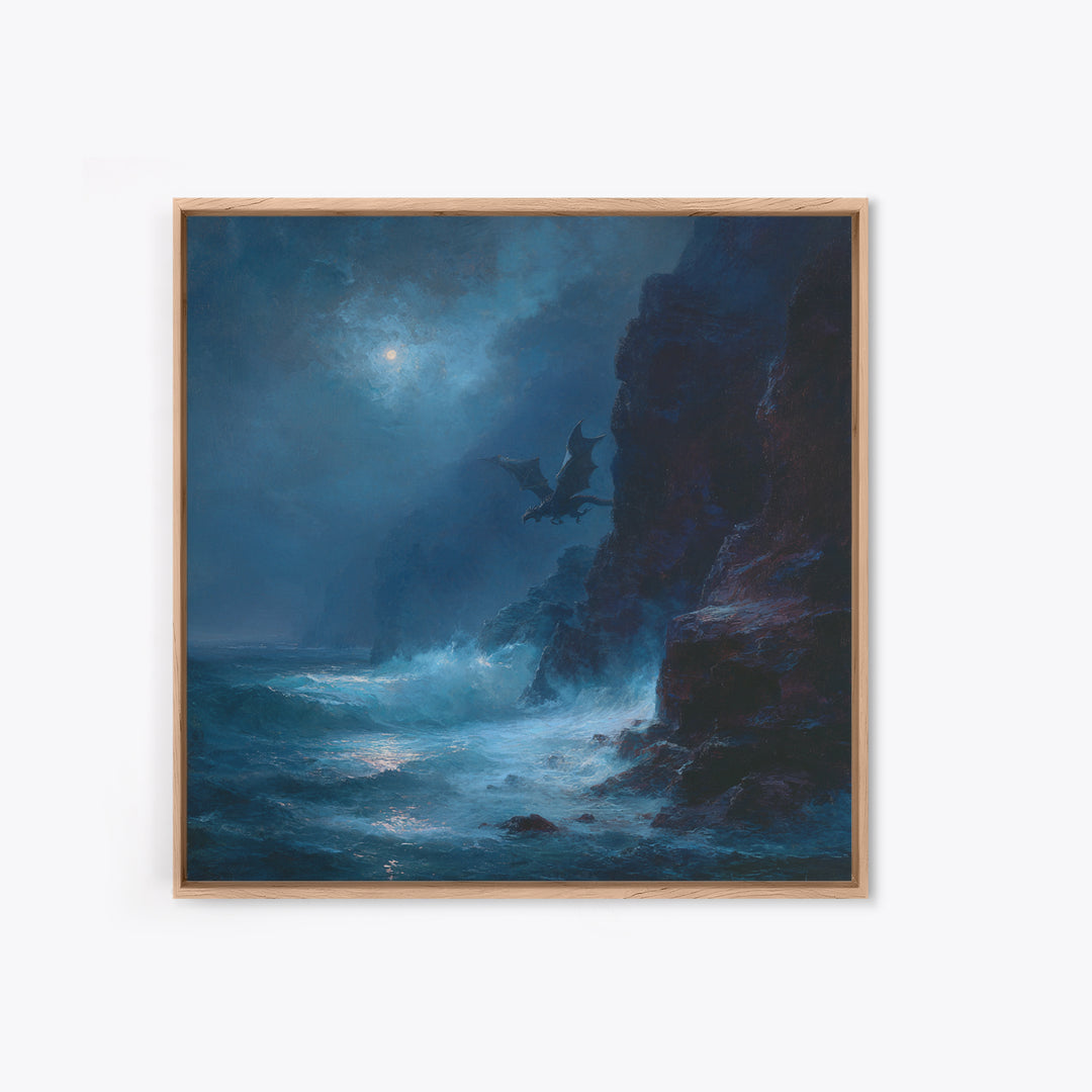 Moonlit Dragon Over Stormy Sea Cliffs Wall Art, Fantasy Seascape Canvas Print, Moody Coastal Decor, Gothic Ocean Artwork