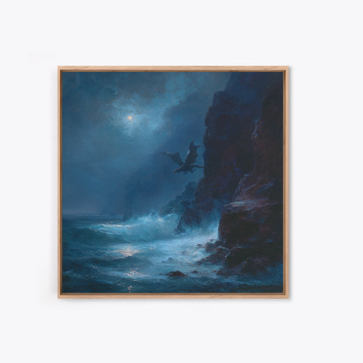Moonlit Dragon Over Stormy Sea Cliffs Wall Art, Fantasy Seascape Canvas Print, Moody Coastal Decor, Gothic Ocean Artwork