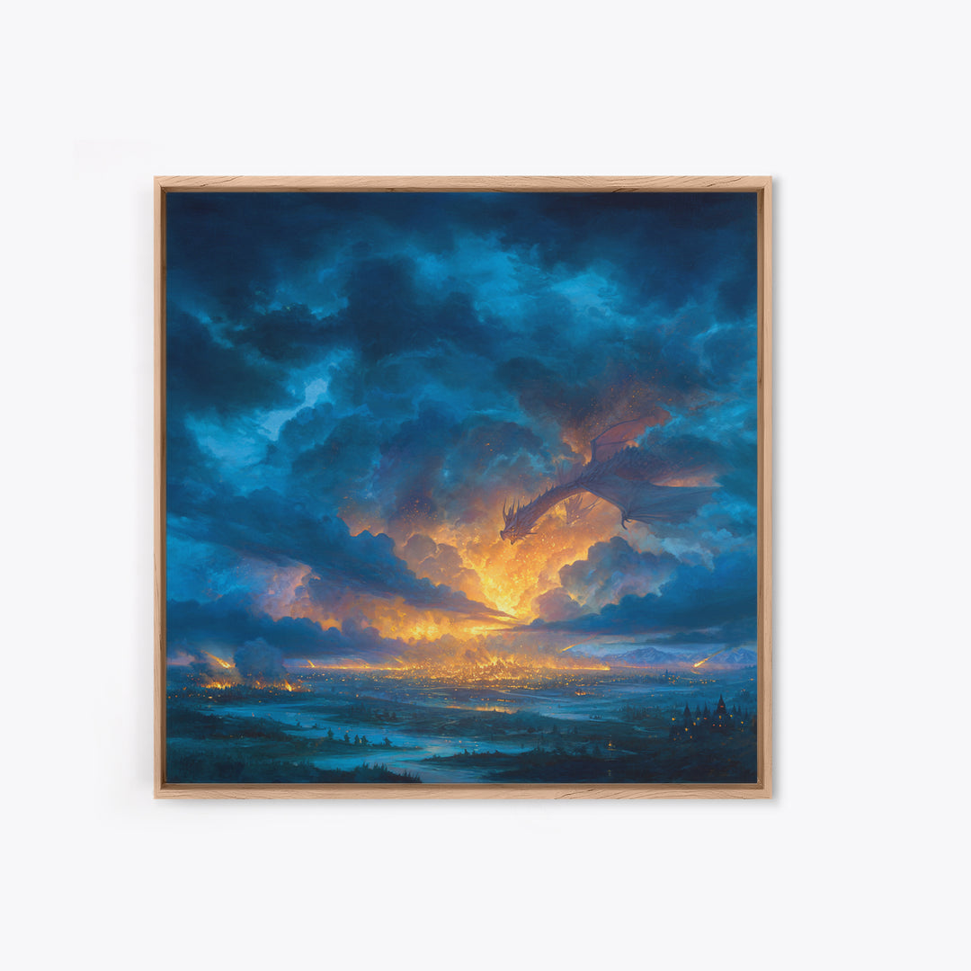 Storm Cloud Dragon Above Glowing Kingdom Wall Art, Fantasy Landscape Canvas Print, Dramatic Sky Decor, Epic Castle Artwork