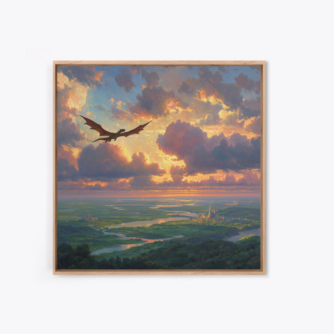 Soaring Dragon Sunset Valley Wall Art, Fantasy Landscape Canvas Print, Castle Kingdom Decor, Dreamy Adventure Artwork For Living Room