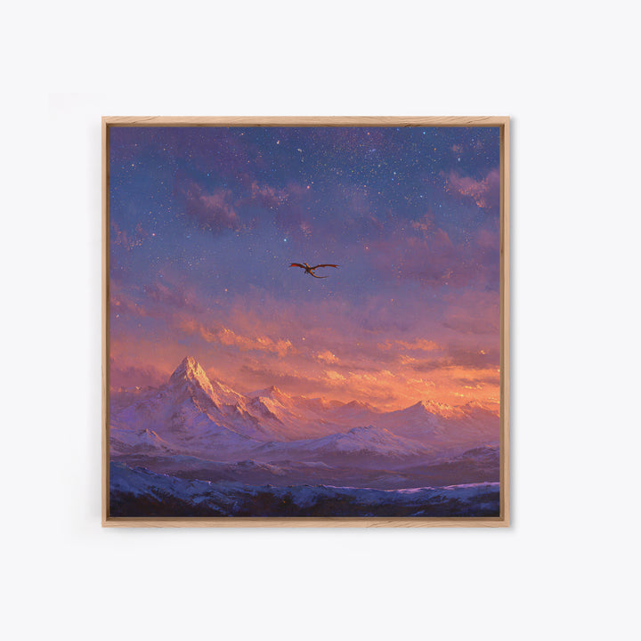 Starry Mountain Dragon Flight Wall Art, Fantasy Canvas Print, Snowy Alpine Landscape Decor, Celestial Adventure Artwork For Bedroom