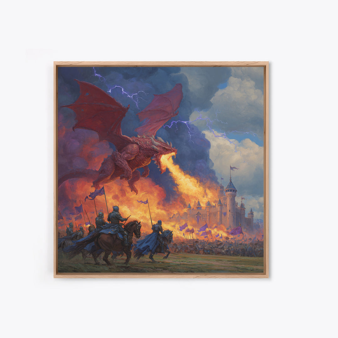 Red Dragon Castle Siege Wall Art, Epic Fantasy Framed Canvas Print, Medieval Battle Decor, Knight Adventure Game Room Artwork