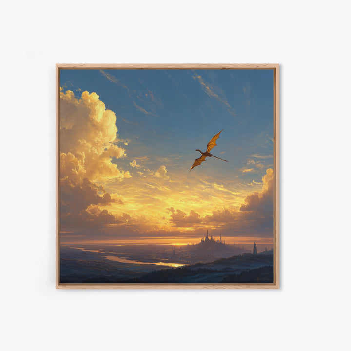 Lone Dragon Over Golden Horizon Wall Art, Fantasy Landscape Canvas Print, Sunset Castle Decor, Serene Coastal Artwork For Living Room