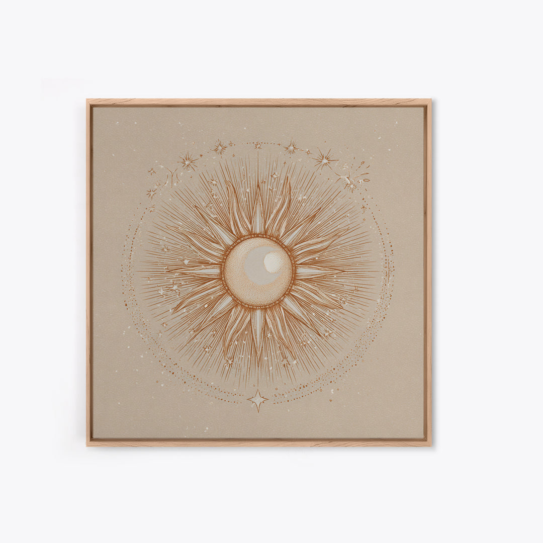 Celestial Sunburst Moon Line Art Framed Canvas Print, Neutral Boho Wall Art, Mystical Minimalist Bedroom Decor, Above Bed Decor
