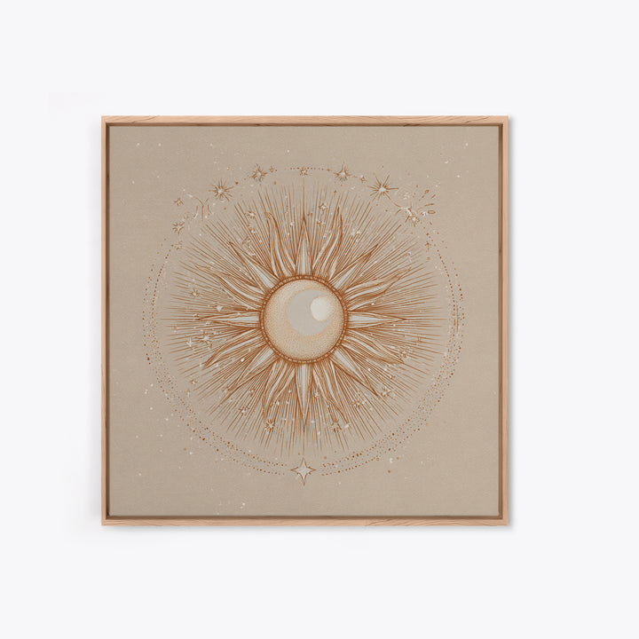 Celestial Sunburst Moon Line Art Framed Canvas Print, Neutral Boho Wall Art, Mystical Minimalist Bedroom Decor, Above Bed Decor