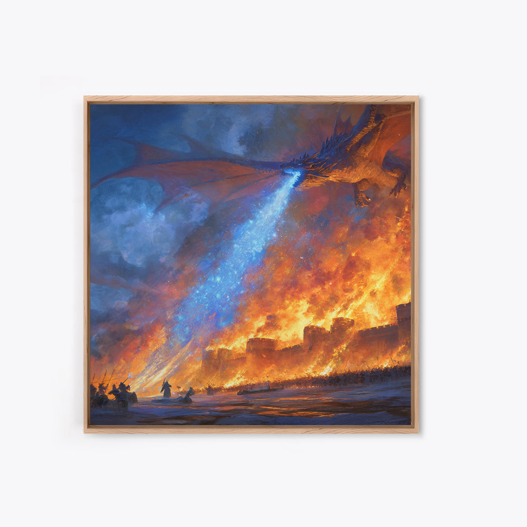 Blue Fire Dragon Siege Wall Art, Epic Fantasy Canvas Print, Medieval Castle Battle Decor, Large Gamer Room Wall Decor Gift For Him