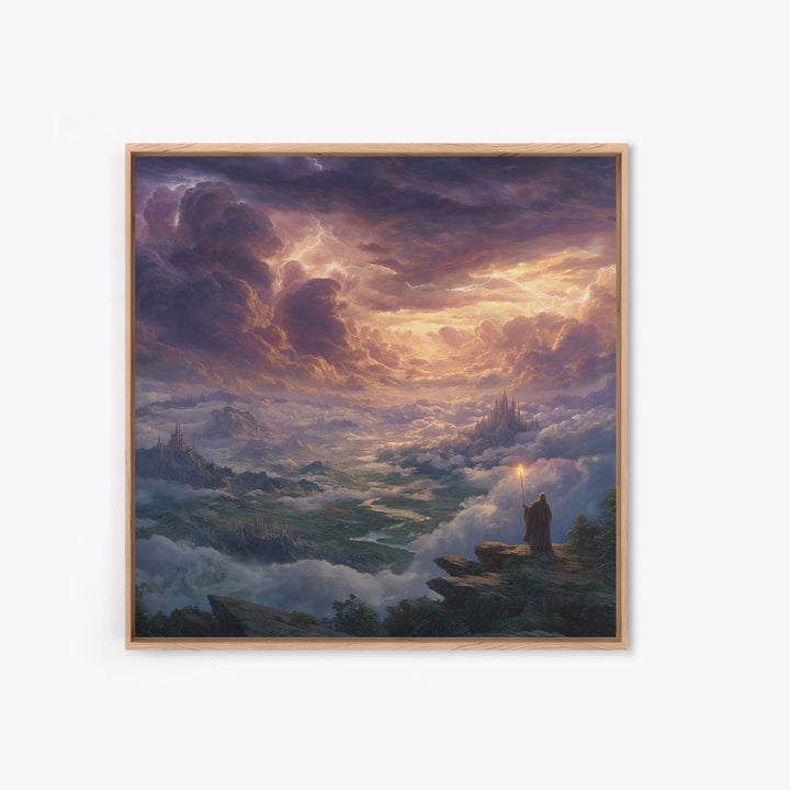 Storm Wizard Over Cloud Kingdom Wall Art, Epic Fantasy Landscape Canvas Print, Dark Academia Office Decor, Large Gift For Him