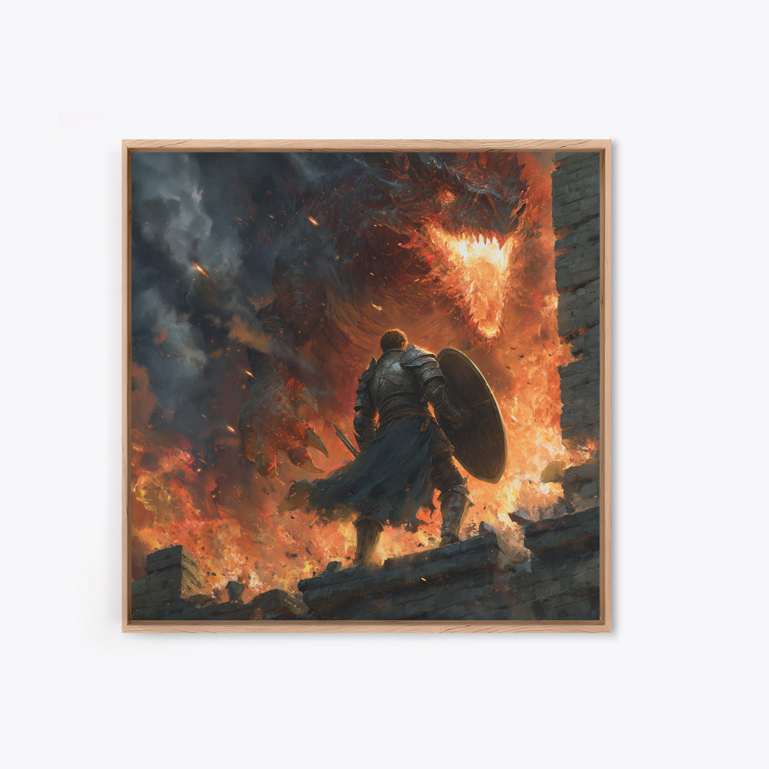 Knight Facing Fire Dragon Wall Art, Dark Fantasy Canvas Print, Medieval Battle Decor, Large Gothic Gamer Room Gift For Him