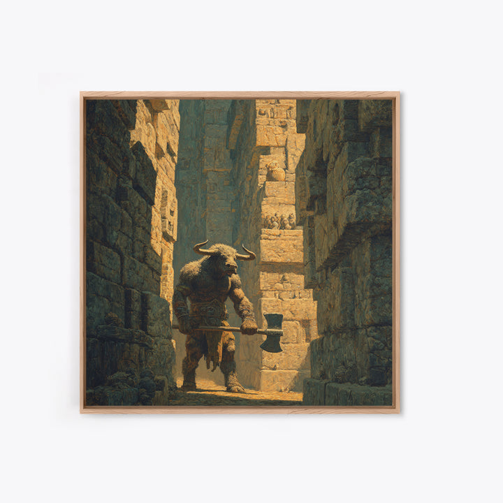 Minotaur In Ancient Stone Alley Wall Art, Mythological Fantasy Canvas Print, Rustic Medieval Decor, Man Cave Gift For Him