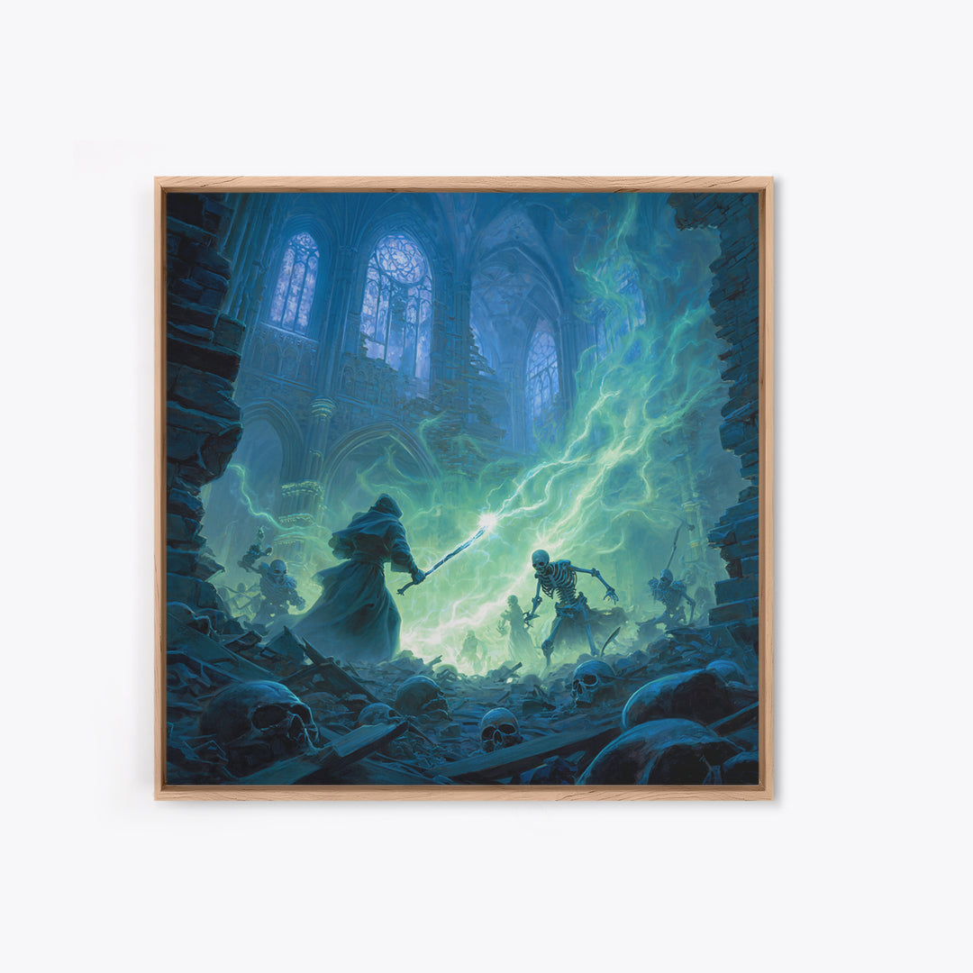 Wizard Versus Skeleton Army Wall Art, Gothic Fantasy Canvas Print, Dark Cathedral Magic Decor, Spooky Halloween Gift For Him