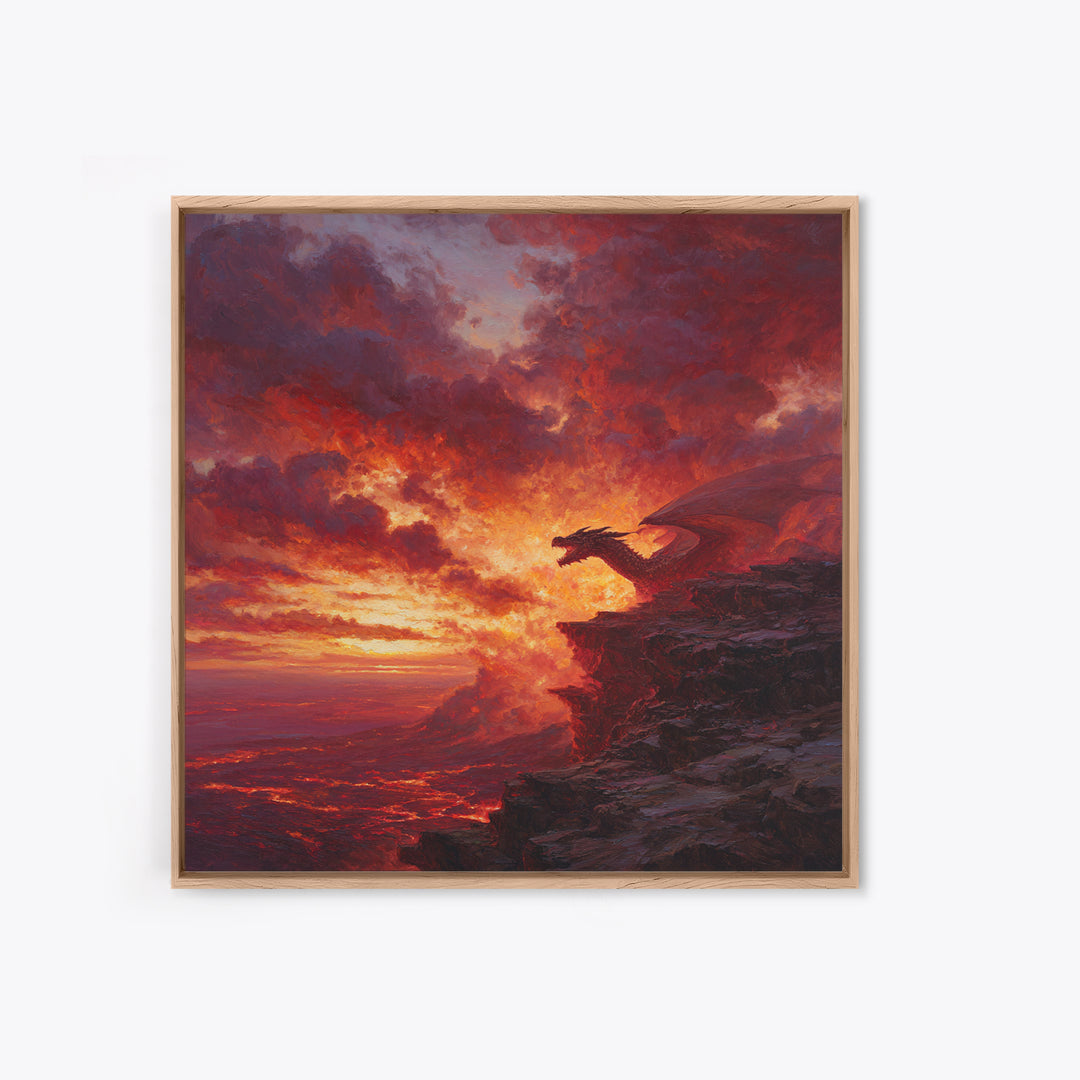 Red Dragon At Volcanic Sunset Wall Art, Dark Fantasy Canvas Print, Lava Landscape Decor, Large Moody Gamer Room Gift For Him