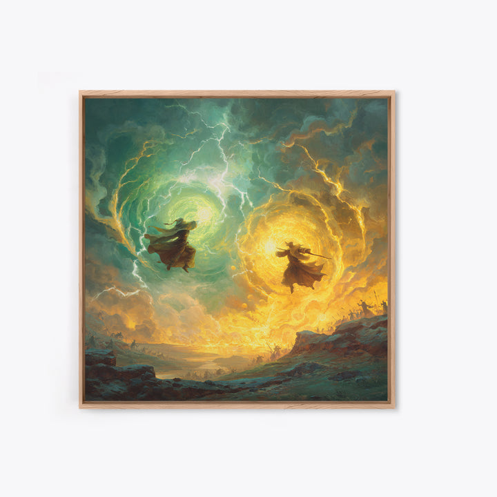 Dueling Mages With Lightning Portals Wall Art, Epic Fantasy Canvas Print, Magical Landscape Decor, Large Gamer Room Gift For Him
