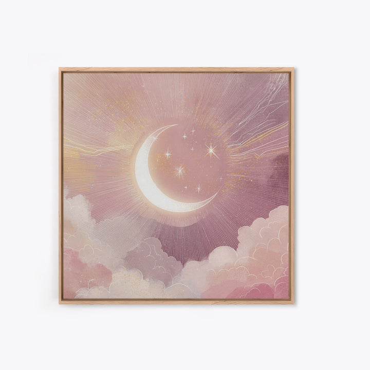 Crescent Moon In Pink Clouds With Stars Wall Art, Celestial Nursery Decor, Mystical Pastel Bedroom Print, Boho Moon Gift