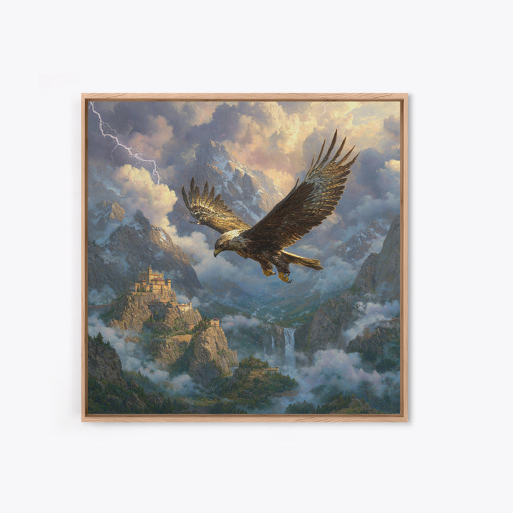 Soaring Eagle Over Stormy Mountain Castle Wall Art, Fantasy Landscape Canvas, Dramatic Wildlife Decor, Epic Gift For Him