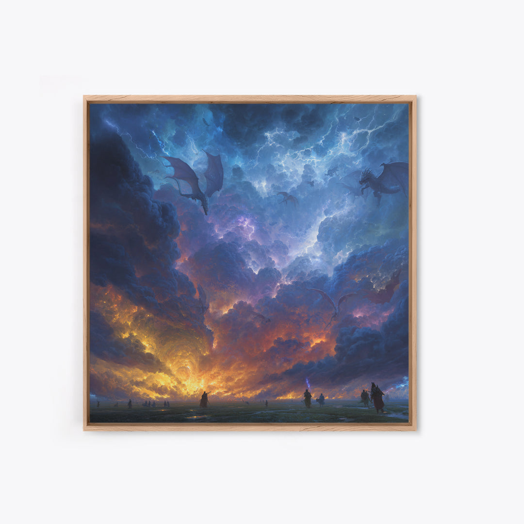 Lightning Dragons In Storm Clouds Canvas Print, Dark Fantasy Wall Art, Epic Gaming Room Decor, Dramatic Sky Gift For Him