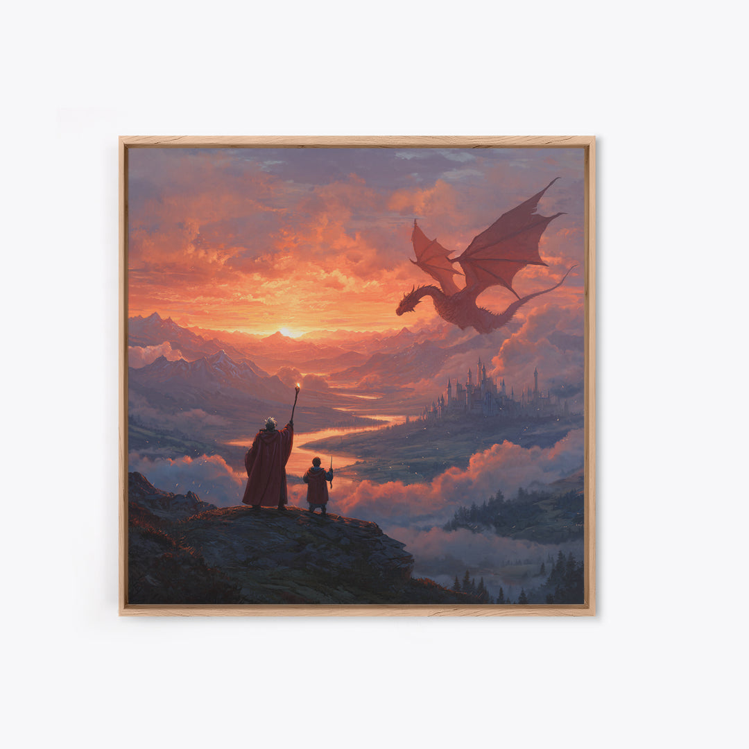 Sunset Dragon Over Mountain Valley Framed Canvas Print, Fantasy Castle Wall Art, Wizard Adventure Decor, Epic Gift For Him