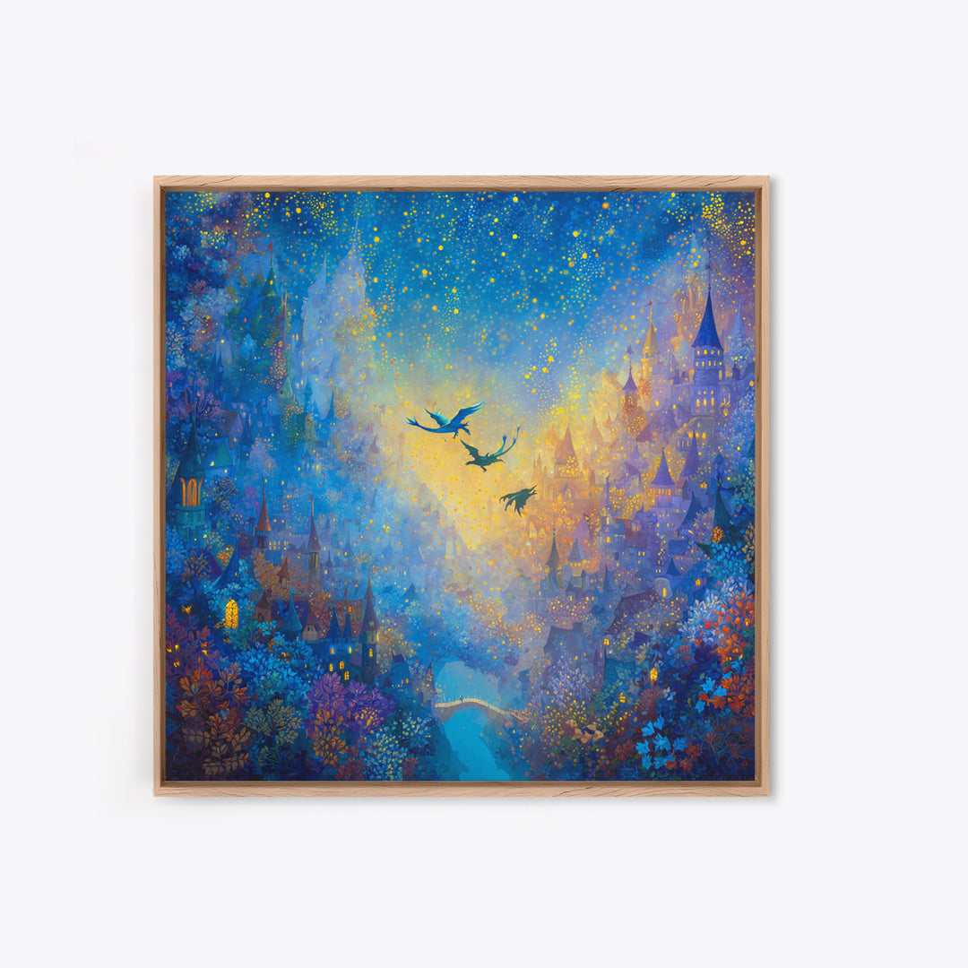 Blue Enchanted City With Golden Stars Canvas Print, Whimsical Fairy Tale Wall Art, Fantasy Castle Decor, Magical Gift For Her