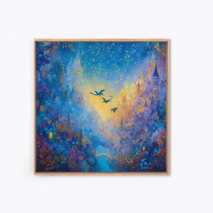 Blue Enchanted City With Golden Stars Canvas Print, Whimsical Fairy Tale Wall Art, Fantasy Castle Decor, Magical Gift For Her
