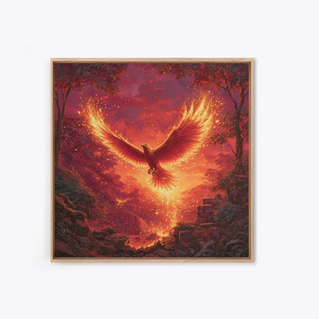 Fiery Phoenix Rising In Red Forest Canvas Print, Mythical Bird Wall Art, Epic Fantasy Wildlife Decor, Dramatic Gift For Her