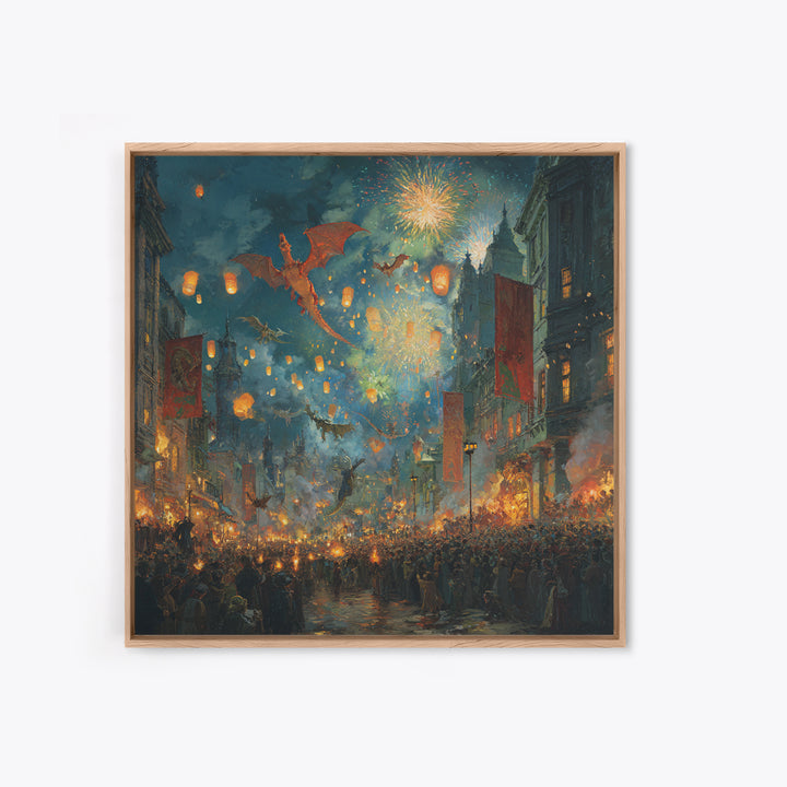 Dragon Festival Over Lantern Lit Medieval City Canvas Print, Fantasy Celebration Wall Art, Fireworks Decor, Epic Gift For Him