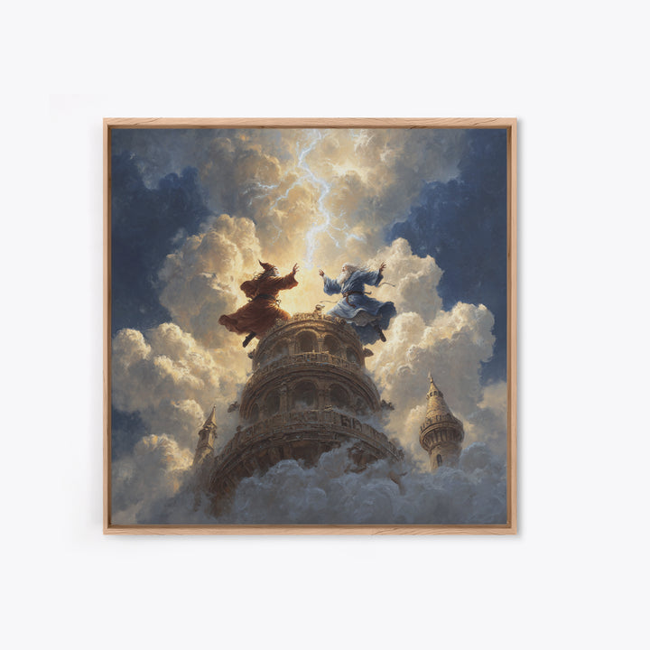 Wizards Dueling Atop Tower In Storm Clouds Wall Art, Dark Fantasy Canvas Print, Lightning Magic Decor, Epic Gift For Him