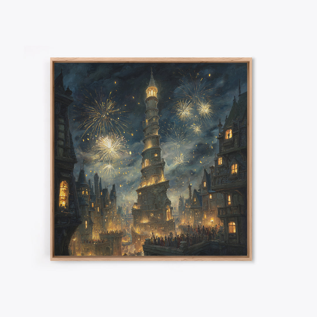 Fireworks Over Leaning Fantasy Tower Framed Canvas Print, Medieval Magical City Wall Art, Night Festival Decor, Gift For Her