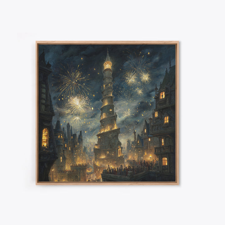 Fireworks Over Leaning Fantasy Tower Framed Canvas Print, Medieval Magical City Wall Art, Night Festival Decor, Gift For Her