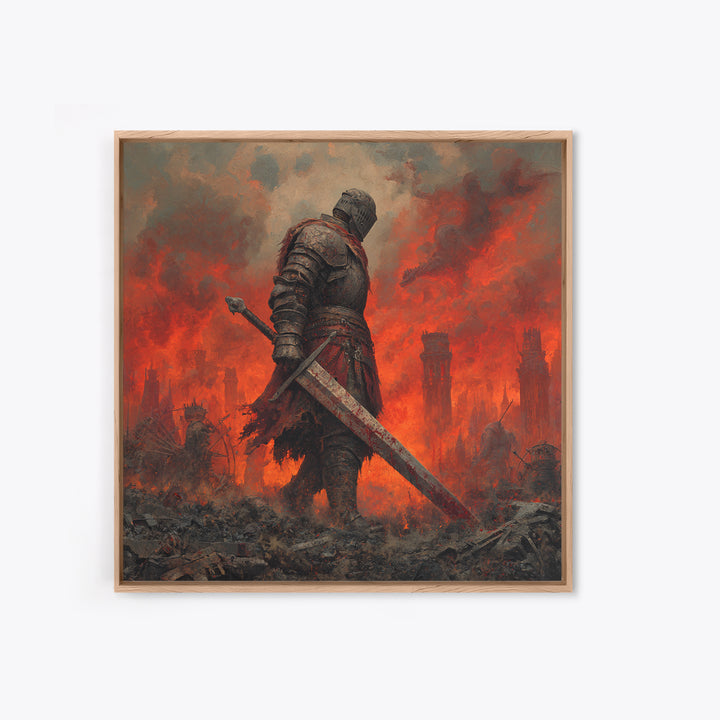 Armored Knight In Burning Battlefield Wall Art, Dark Fantasy Canvas Print, Medieval Warrior Decor, Gothic Game Room Art Print
