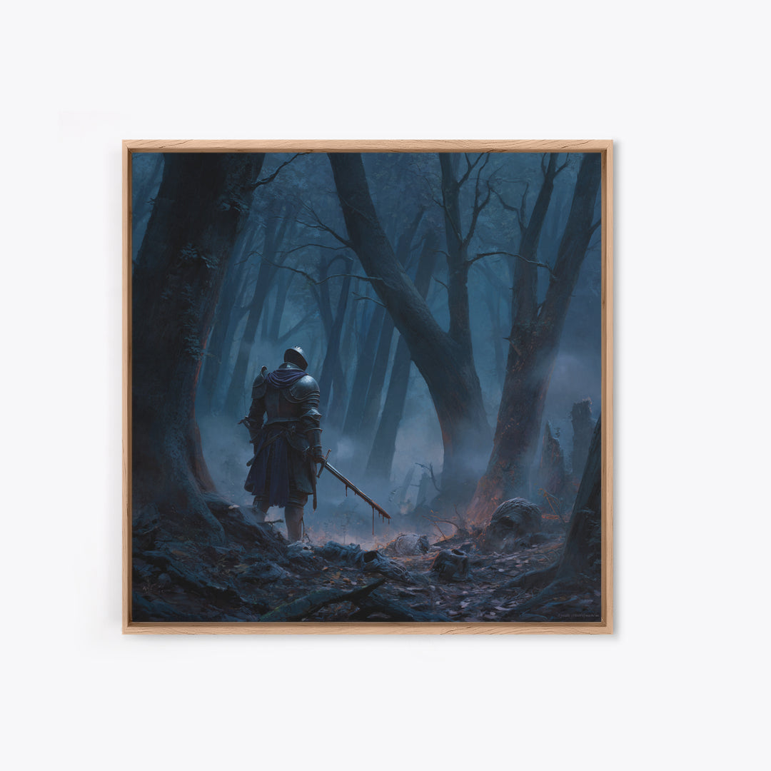 Lone Knight In Misty Blue Forest Wall Art, Dark Fantasy Canvas Print, Medieval Warrior Decor, Gothic Office Art Print Gift