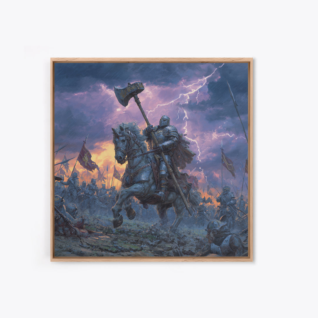 Mounted Knight With War Axe Wall Art, Medieval Battle Canvas Print, Stormy Fantasy Decor, Gothic Warrior Gift For Him Print