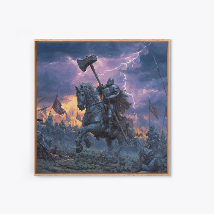 Mounted Knight With War Axe Wall Art, Medieval Battle Canvas Print, Stormy Fantasy Decor, Gothic Warrior Gift For Him Print