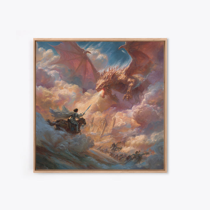 Hero Knight Facing Twin Dragons Wall Art, Epic Fantasy Canvas Print, Dragon Battle Decor, Medieval Adventure Gift For Him