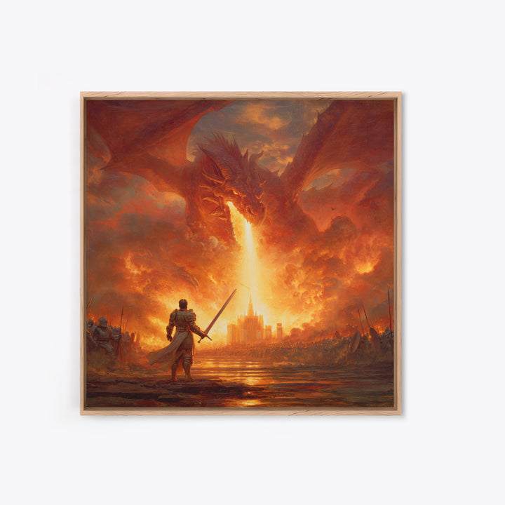 Giant Fire Dragon Over Castle Wall Art, Epic Fantasy Canvas Print, Large Medieval Battle Decor, Dragon Lover Gift For Him