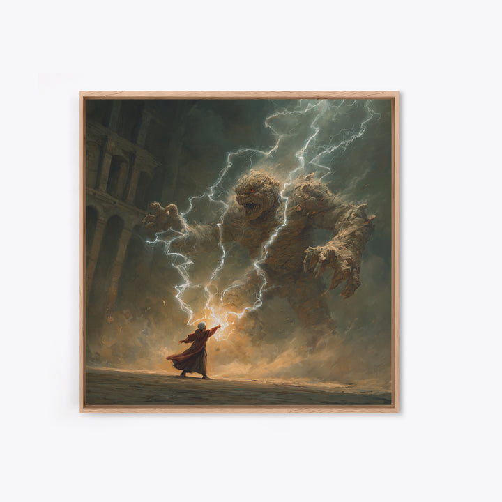 Wizard Battling Lightning Stone Golem Wall Art, Dark Fantasy Canvas Print, Magic Ruins Decor, Epic Sorcerer Art Gift Print