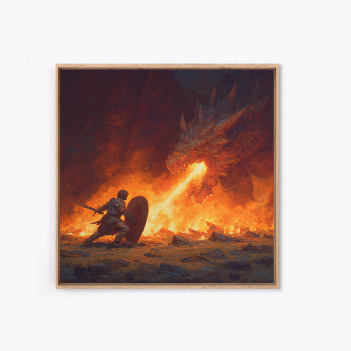 Knight Shielding From Dragon Fire Wall Art, Fantasy Canvas Print, Medieval Battle Decor, Gothic Warrior Gift For Him Print