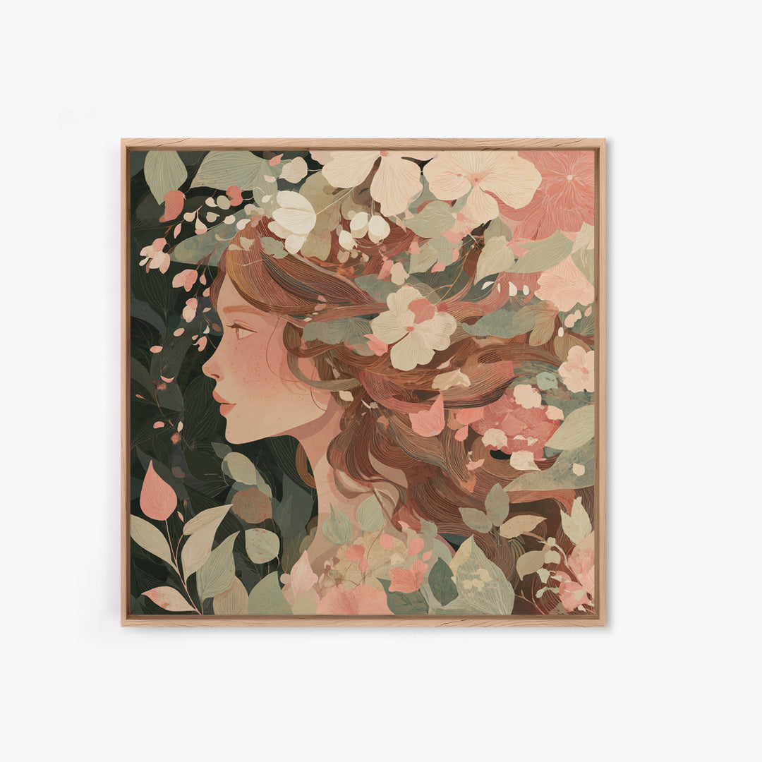 Botanical Woman Profile With Flowing Hair And Cream Flowers Wall Art, Art Nouveau Floral Print, Feminine Boho Living Room Decor Gift