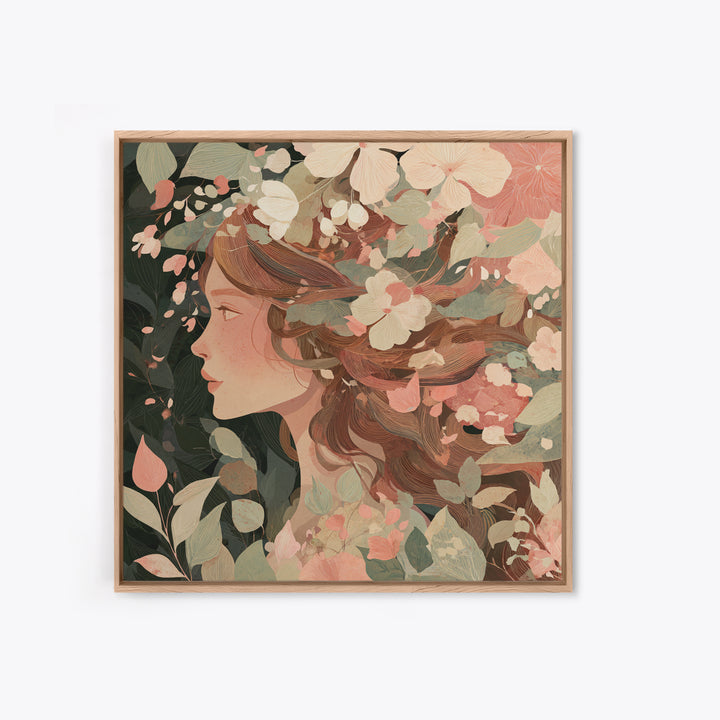 Botanical Woman Profile With Flowing Hair And Cream Flowers Wall Art, Art Nouveau Floral Print, Feminine Boho Living Room Decor Gift