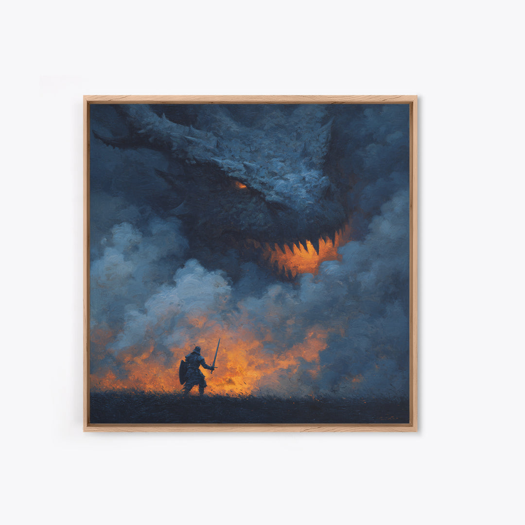 Dragon Looming Over Lone Knight In Smoke, Dark Fantasy Wall Art, Medieval Warrior Canvas Print, Gothic Game Room Decor Gift