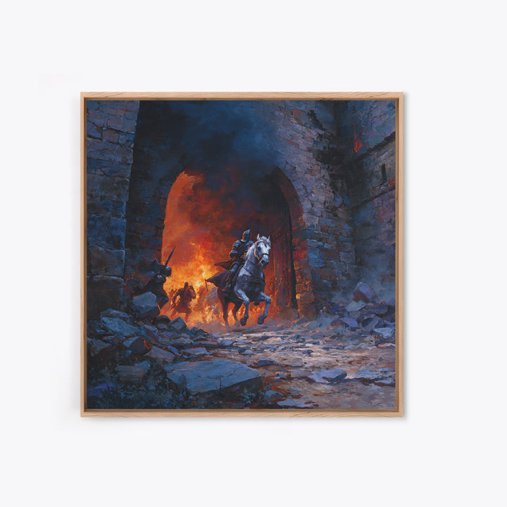 Mounted Knight Escaping Burning Castle Gate, Dark Fantasy Wall Art, Medieval Battle Canvas Print, Gothic Living Room Decor