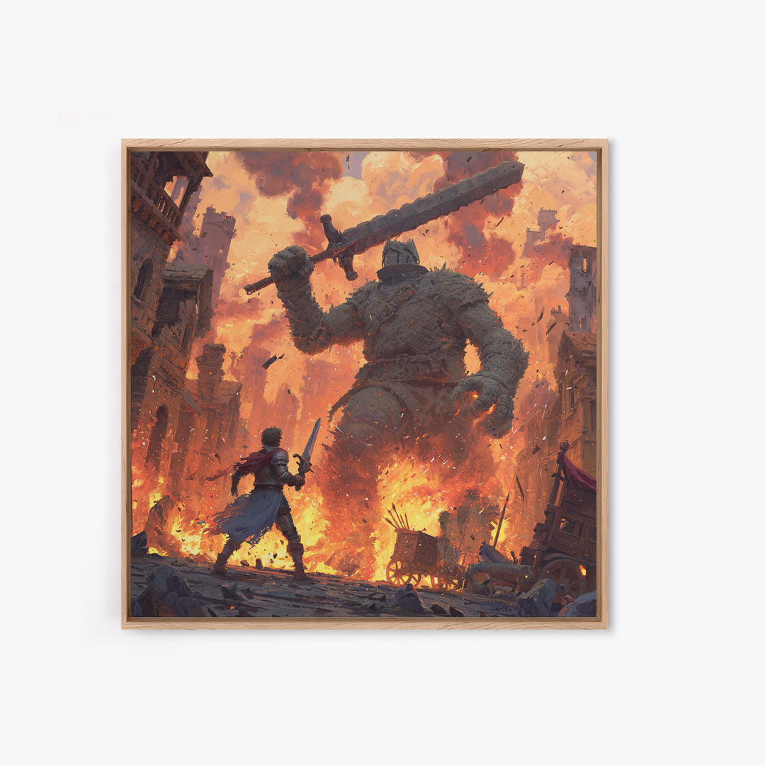 Giant Stone Warrior In Blazing City, Epic Fantasy Wall Art, Medieval Hero Canvas Print, Dramatic Game Room Decor Gift For Him