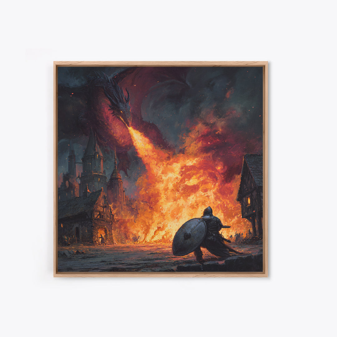 Fire Breathing Dragon Above Shielded Knight, Dark Fantasy Wall Art, Medieval Village Canvas Print, Gothic Castle Decor Gift