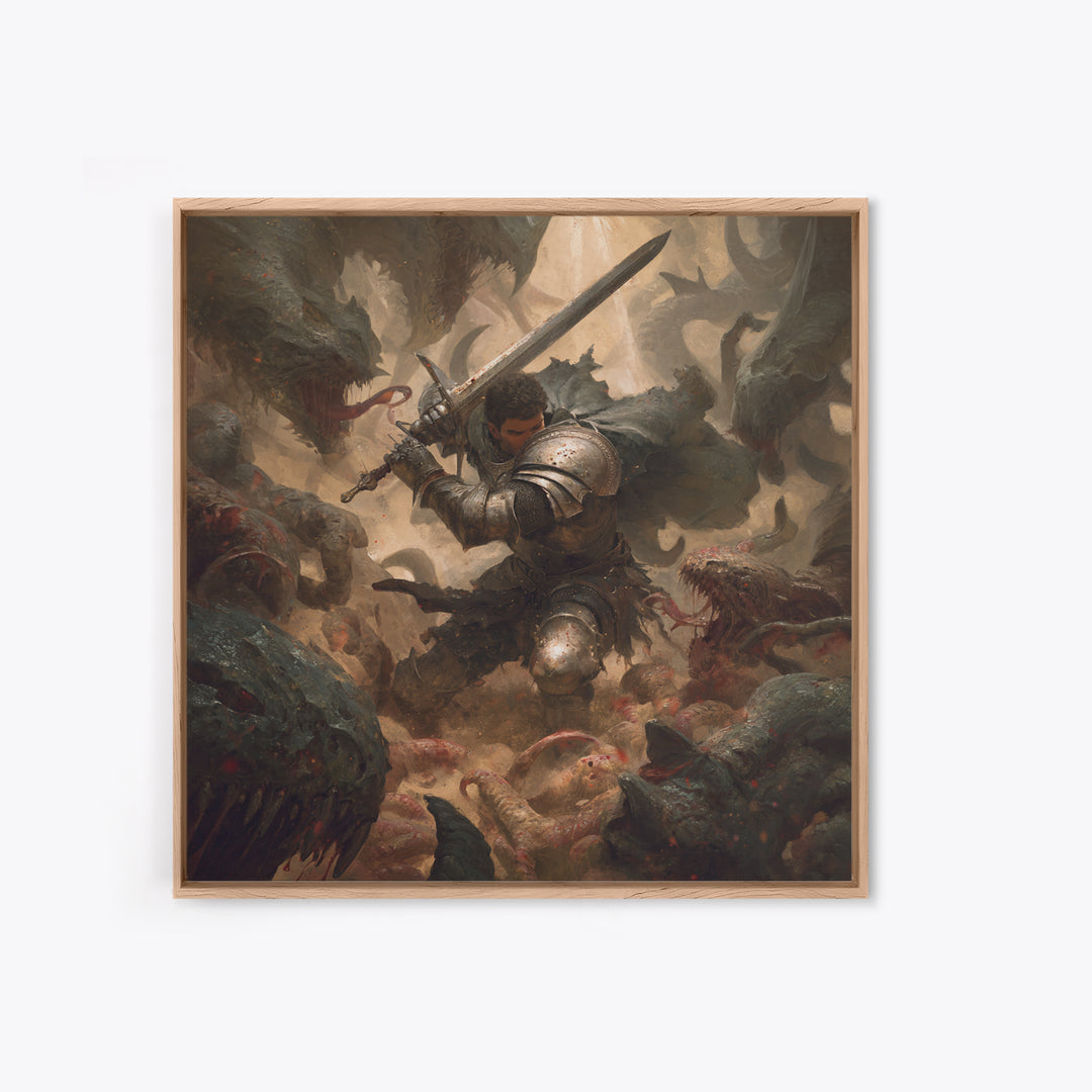 Armored Warrior Battling Monsters With Sword, Dark Fantasy Wall Art, Medieval Knight Canvas Print, Gothic Dungeon Decor Gift