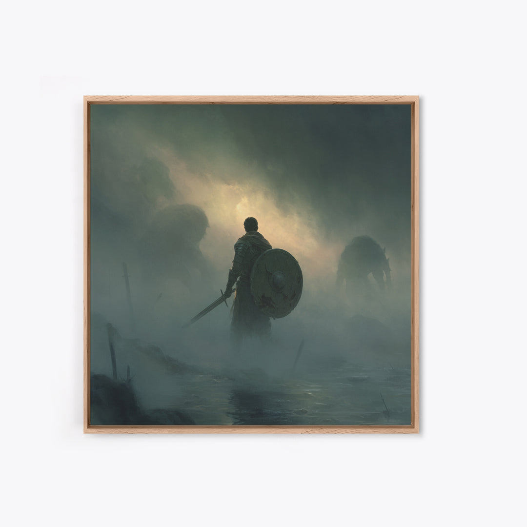 Lone Knight Facing Shadow Giants In Fog, Moody Fantasy Wall Art, Medieval Warrior Canvas Print, Dark Academia Decor Gift