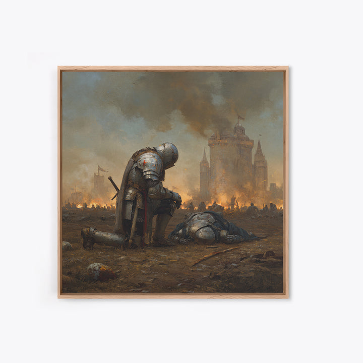 Kneeling Knight In War Torn Field By Castle, Medieval Wall Art, Dark Fantasy Canvas Print, Moody Living Room Decor Gift For Him